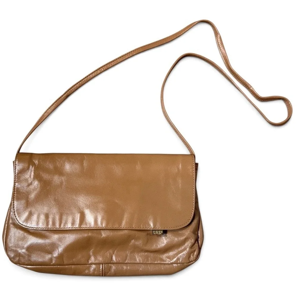 Vintage SAS Brown Leather Slouchy Flap Crossbody Shoulder Bag Purse USA Made Y2K